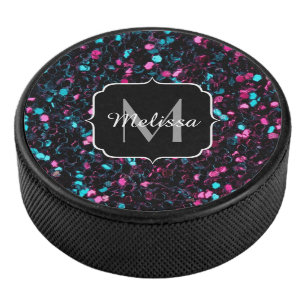  Sparkly pink blue mosaic glitter sparkle Monogram Hockey Puck