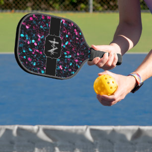 Sparkly pink blue mosaic glitter sparkles Monogram Pickleball Paddle