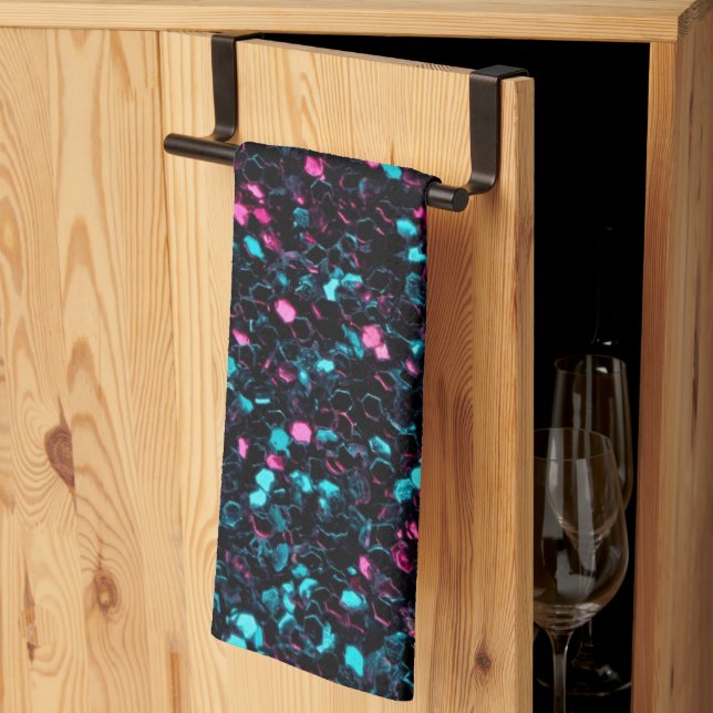 Sparkly pink blue mosaic glitter sparkles tea towel (Thirds Fold)
