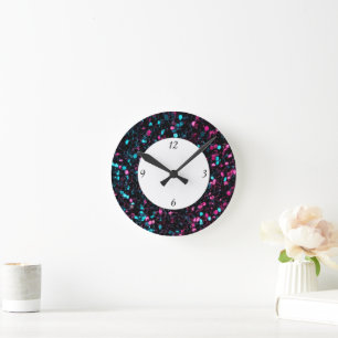 Sparkly pink blue mosaic glitter sparkles w number round clock