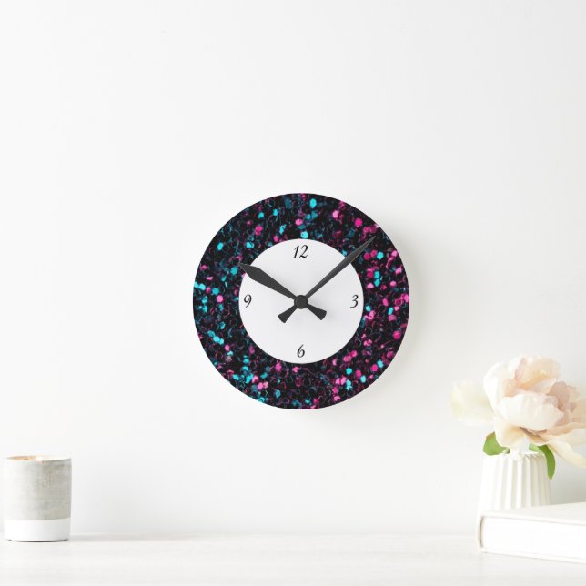 Sparkly pink blue mosaic glitter sparkles w number round clock (Home)
