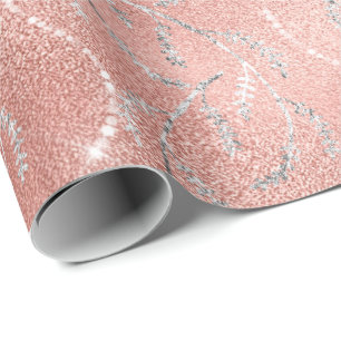 Sparkly Pink Crystal Laurel Floral Silver Diamonds Wrapping Paper