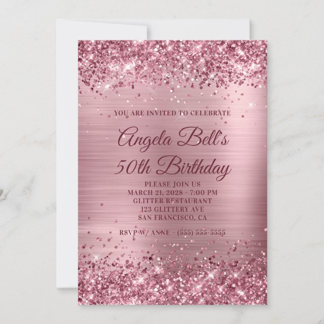 Sparkly Pink Glitter and Foil 50th Birthday Invitation (Front)