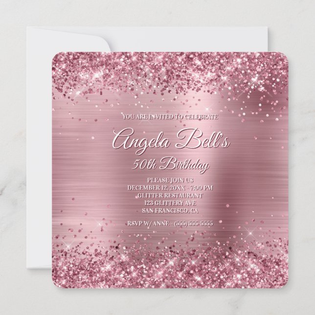 Sparkly Pink Glitter Brushed Foil 50th Birthday Invitation (Back)