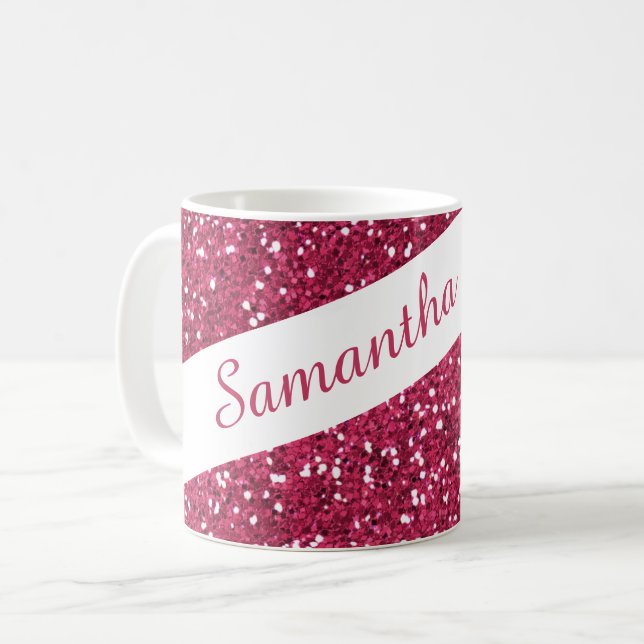 Sparkly Pink Glitter  Personalised Name Coffee Mug (Front Left)