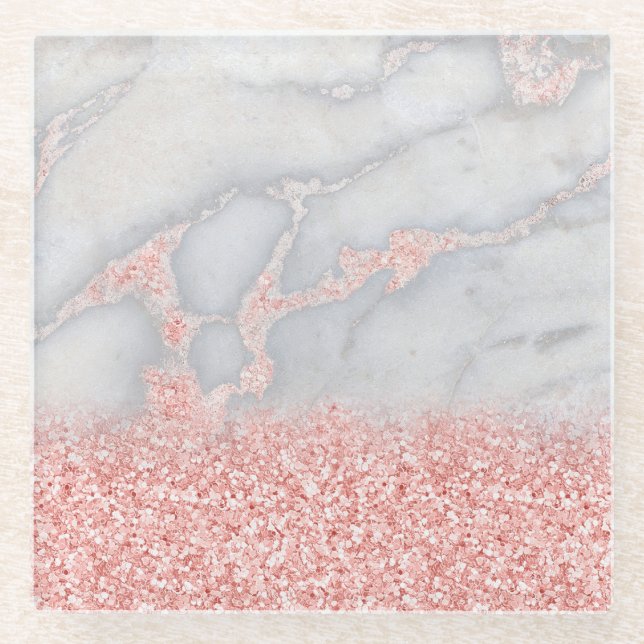 Sparkly Pink Rose Gold Bohemian Marble Glass Coaster (Front)