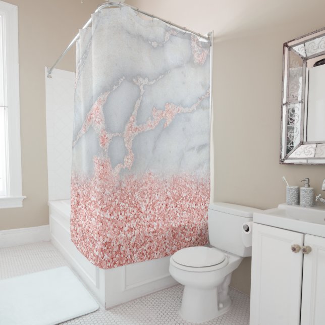 Sparkly Pink Rose Gold Bohemian Marble Shower Curtain (In Situ)