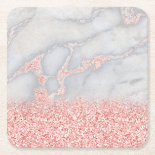 Sparkly Pink Rose Gold Bohemian Marble Square Paper Coaster