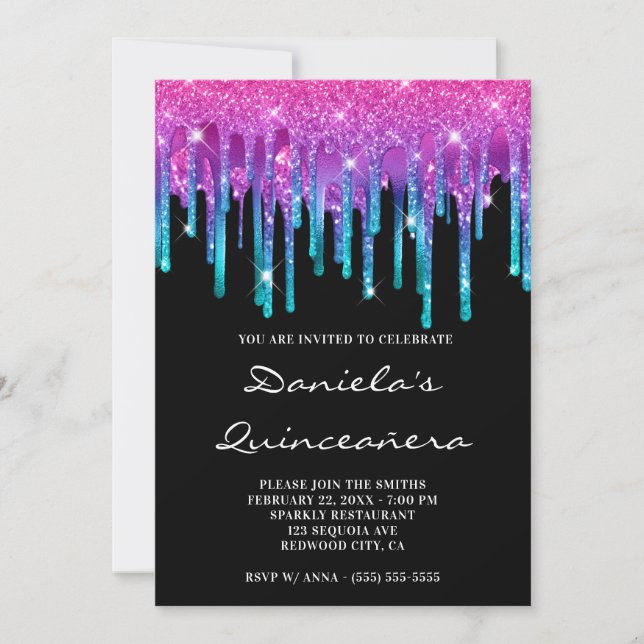 Sparkly Pink Teal Gradient Drip Black Quinceañera Invitation (Front)