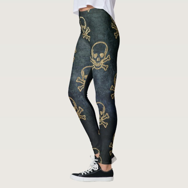Sparkly Pirate Jolly Roger on Dark Background Leggings (Left)