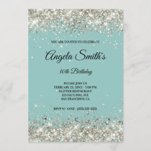 Sparkly Platinum Glitter Pale Turquoise Monogram Invitation