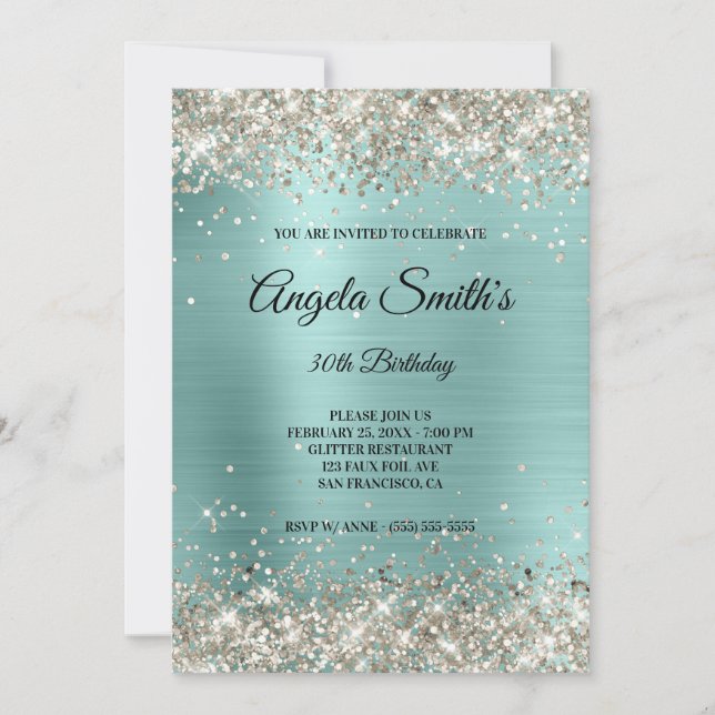 Sparkly Platinum Glitter Turquoise Foil Monogram Invitation (Front)