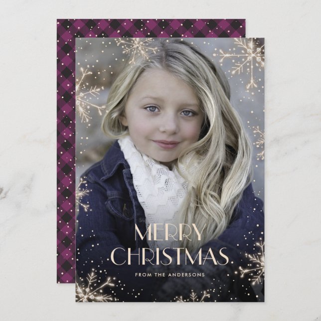 Sparkly Purple Buffalo Plaid Photo Christmas Cards (Front/Back)