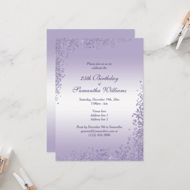 Sparkly Purple Glitter Decoration Birthday Invitation (Front/Back In Situ)