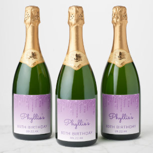 Sparkly Purple Glitter Drip 70th Birthday Party Ch Sparkling Wine Label