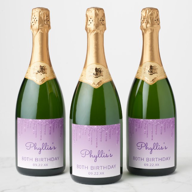 Sparkly Purple Glitter Drip 70th Birthday Party Ch Sparkling Wine Label (Bottles)