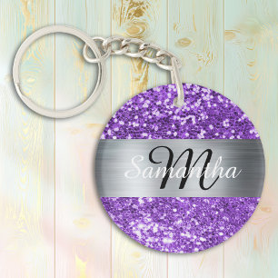 Sparkly Purple Glitter Silver Foil Monogram Key Ring