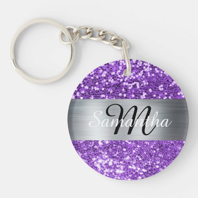 Sparkly Purple Glitter Silver Foil Monogram Key Ring (Front)