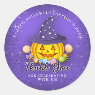Sparkly Purple Halloween Pumpkin Thank You Classic Round Sticker