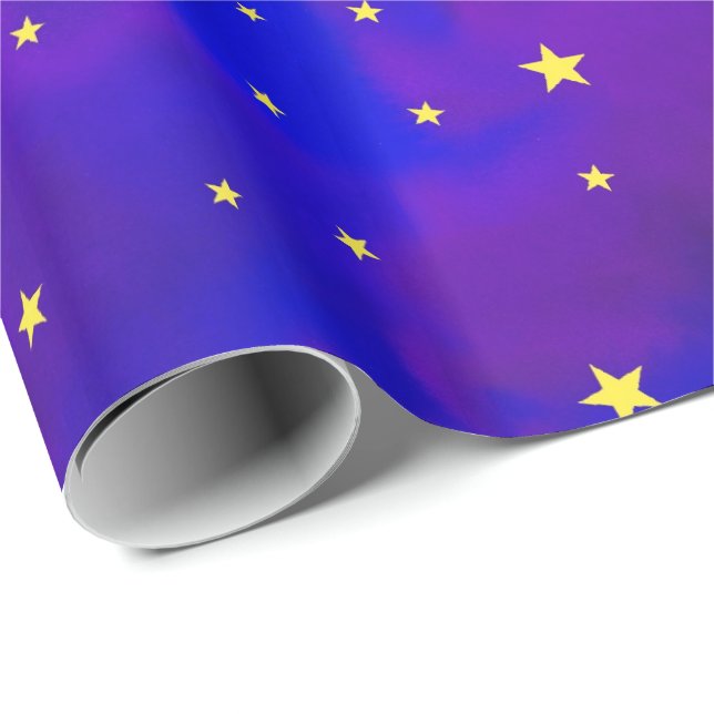 Sparkly Purple Night Sky and Golden Yellow Stars Wrapping Paper (Roll Corner)