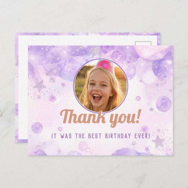Sparkly Purple Photo Girls Birthday Party Postcard (Front/Back)