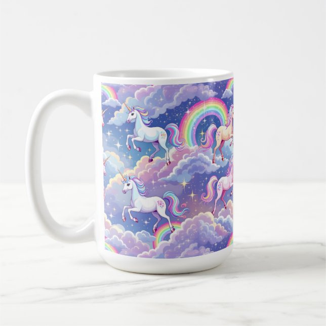Sparkly rainbow and unicorns on clouds coffee mug (Left)