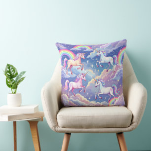 Sparkly rainbow and unicorns on clouds cushion