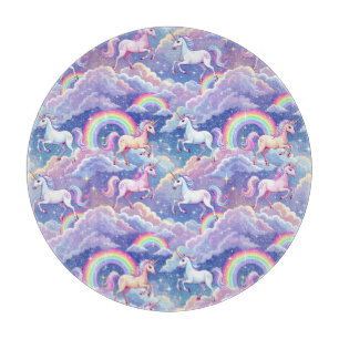 Sparkly rainbow and unicorns on clouds cutting board