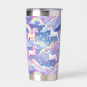 Sparkly rainbow and unicorns on clouds insulated tumbler