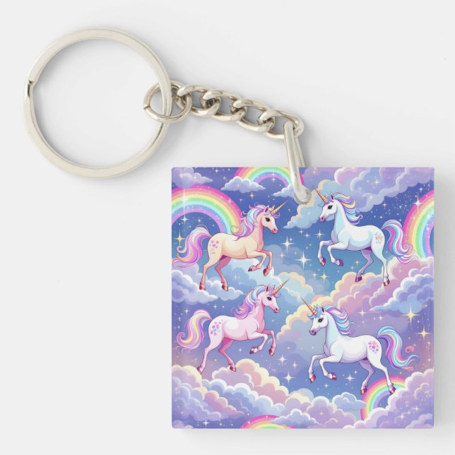 Sparkly rainbow and unicorns on clouds key ring (Front)