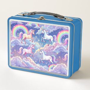 Sparkly rainbow and unicorns on clouds metal lunch box