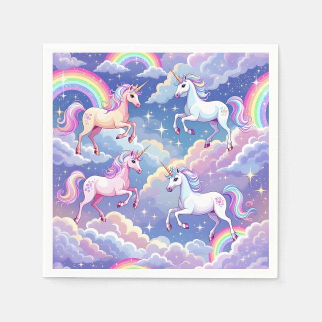 Sparkly rainbow and unicorns on clouds napkin (Front)