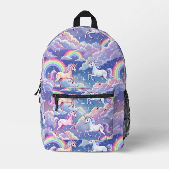 Sparkly rainbow and unicorns on clouds printed backpack (Front)