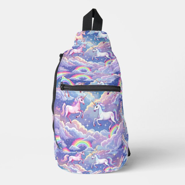 Sparkly rainbow and unicorns on clouds sling bag (Front)