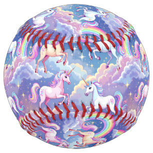 Sparkly rainbow and unicorns on clouds softball