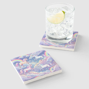 Sparkly rainbow and unicorns on clouds stone coaster