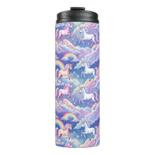 Sparkly rainbow and unicorns on clouds thermal tumbler