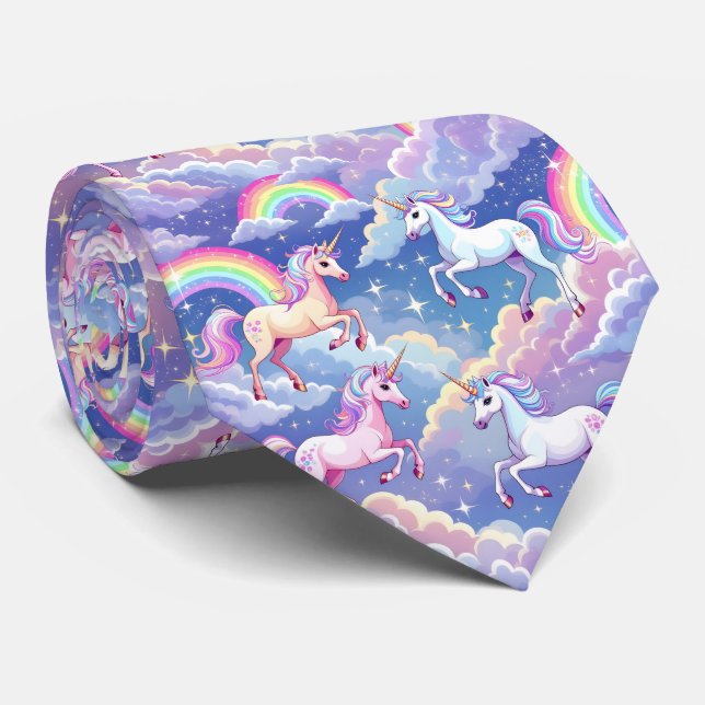 Sparkly rainbow and unicorns on clouds tie (Rolled)