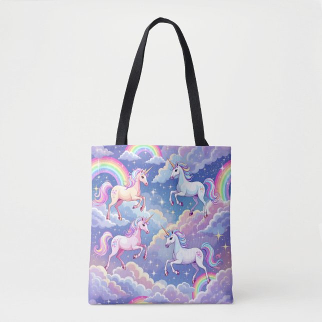 Sparkly rainbow and unicorns on clouds tote bag (Front)