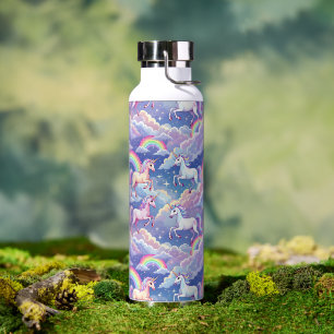 Sparkly rainbow and unicorns on clouds water bottle