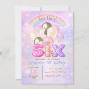 Sparkly Rainbow Glitter Six Balloon Birthday Invitation