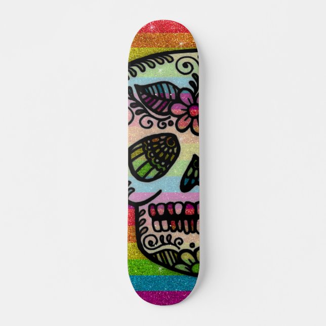 Sparkly Rainbow Glitter Sugar Skull Tattoo Design Skateboard (Front)