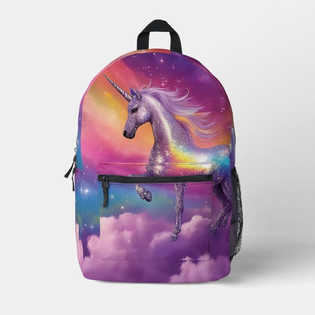 Sparkly Rainbow Glitter White Unicorn Magical Printed Backpack (Front)