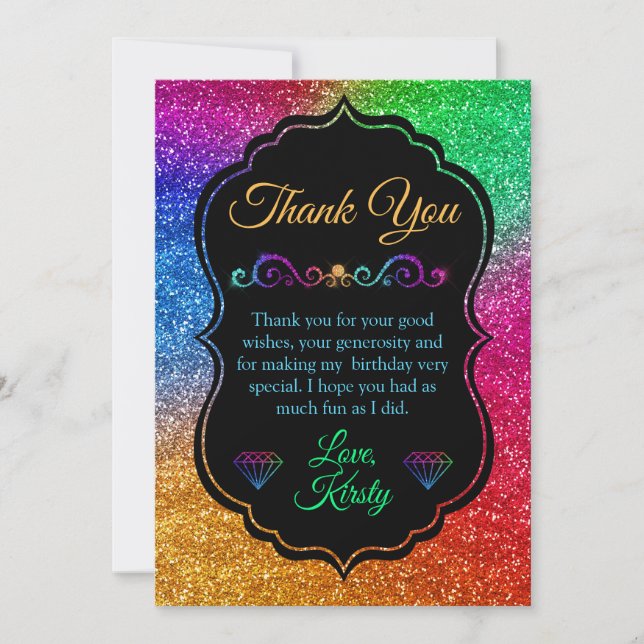 Sparkly Rainbow Gradient Glitter Birthday Thank You Card (Front)