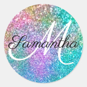 Sparkly Rainbow Mermaid Faux Glitter Monogram Classic Round Sticker