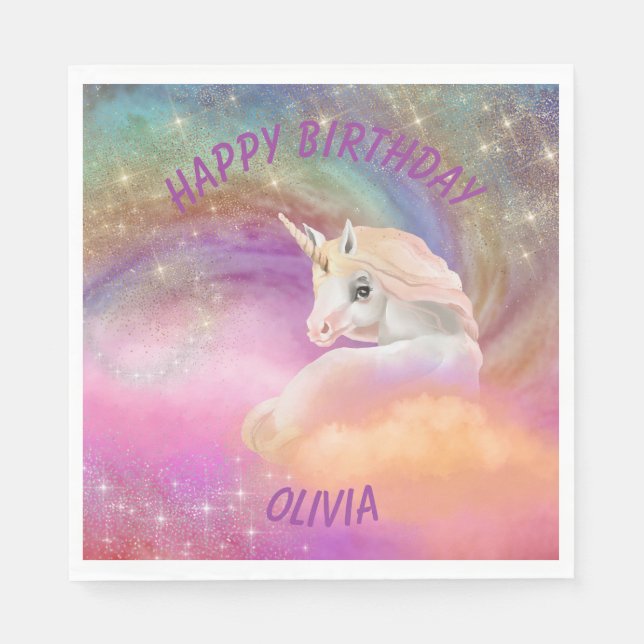 Sparkly Rainbow Universe Unicorn Birthday Napkin (Front)