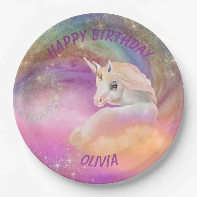 Sparkly Rainbow Universe Unicorn Paper Plate (Front)