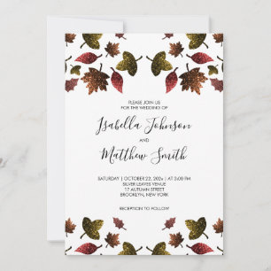 Sparkly red brown gold leaves fall autumn Wedding Invitation