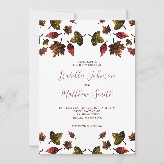 Sparkly red brown gold leaves fall autumn Wedding Invitation (Front)