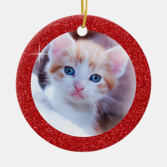 Sparkly Red Glitter Adorable Family Kitten Photo Ceramic Ornament (Front)